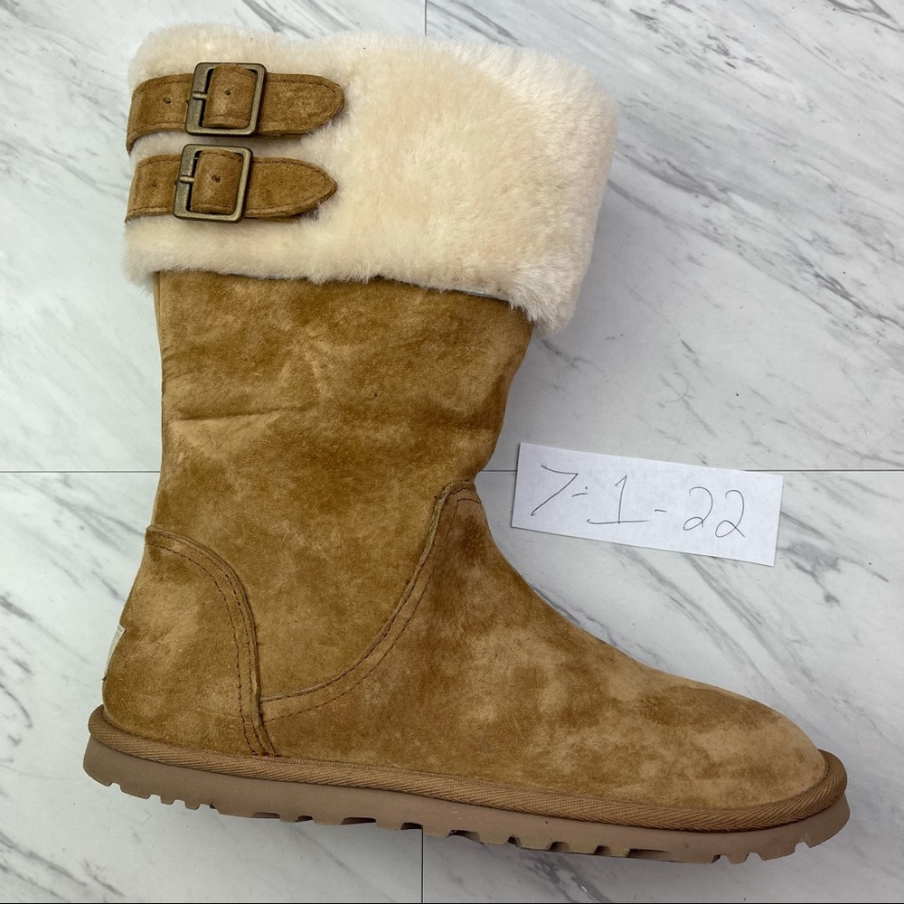 -Ugg Women 7 Buckham tan Suede Buckle Shearling fur Cuff Winter boots 1005413